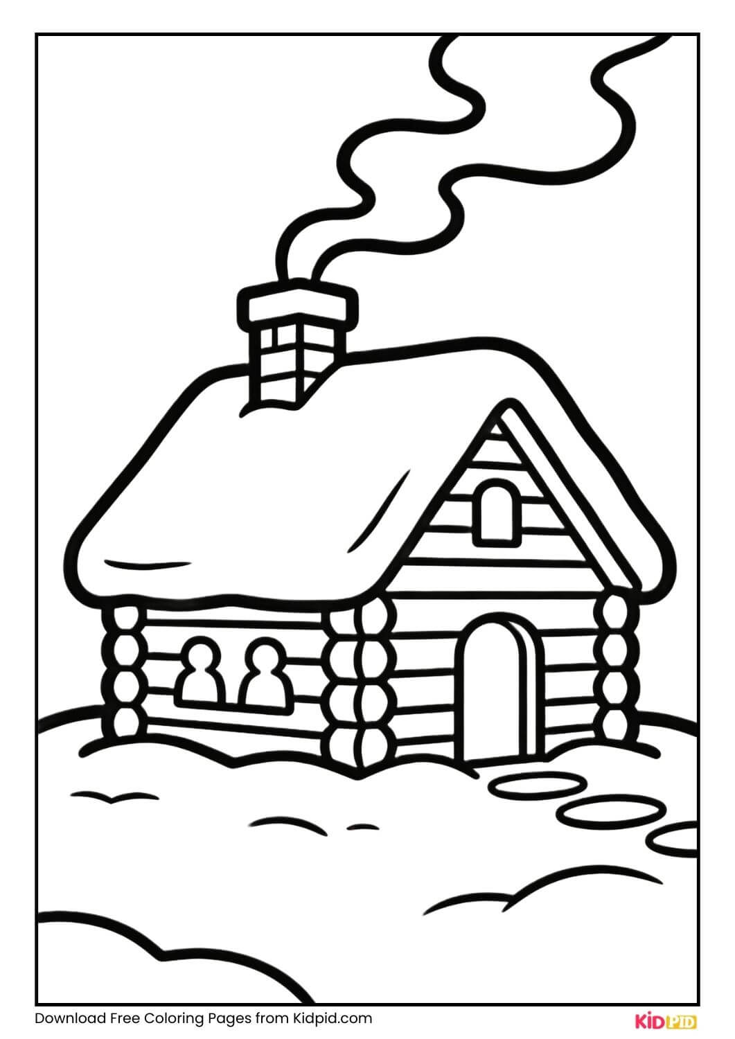 Cozy cabin in snow winter coloring page