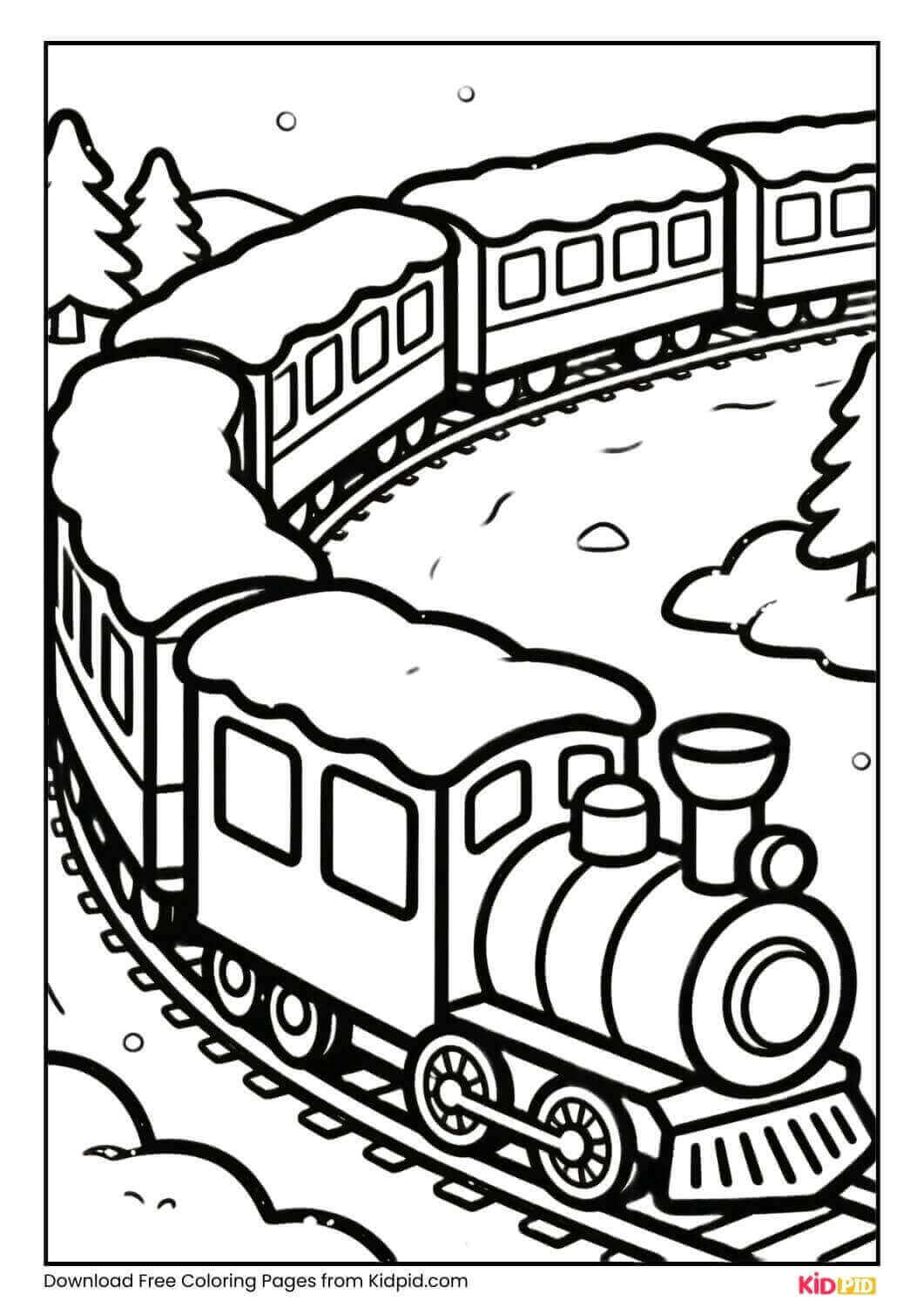 Train moving through snowy landscape coloring page