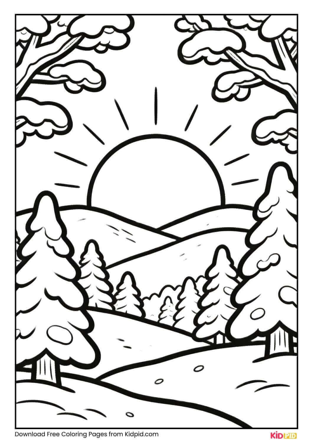 Winter sunrise over snowy hills coloring page