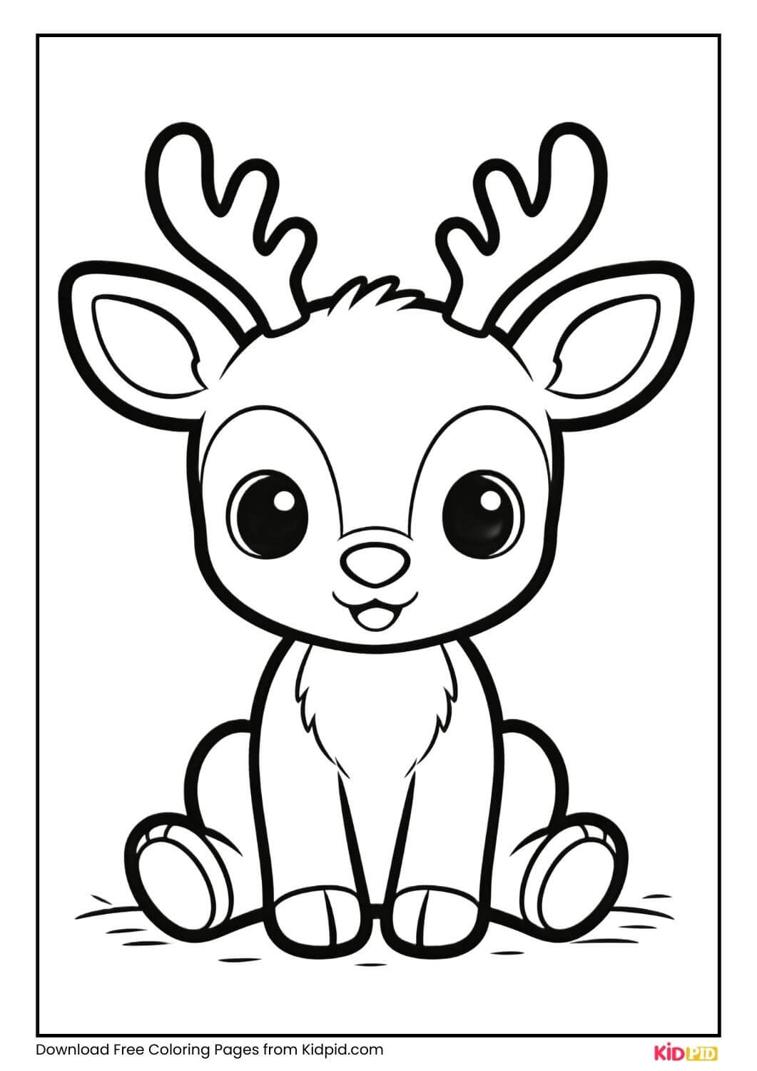 Baby reindeer sitting black and white coloring page for children