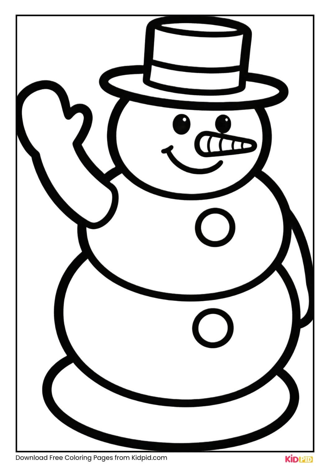 Smiling snowman waving hand black and white coloring page