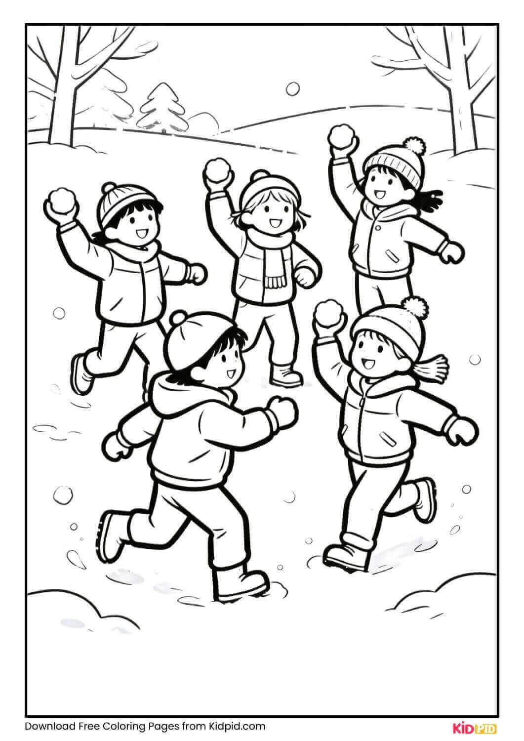 Kids playing snowball fight winter coloring page