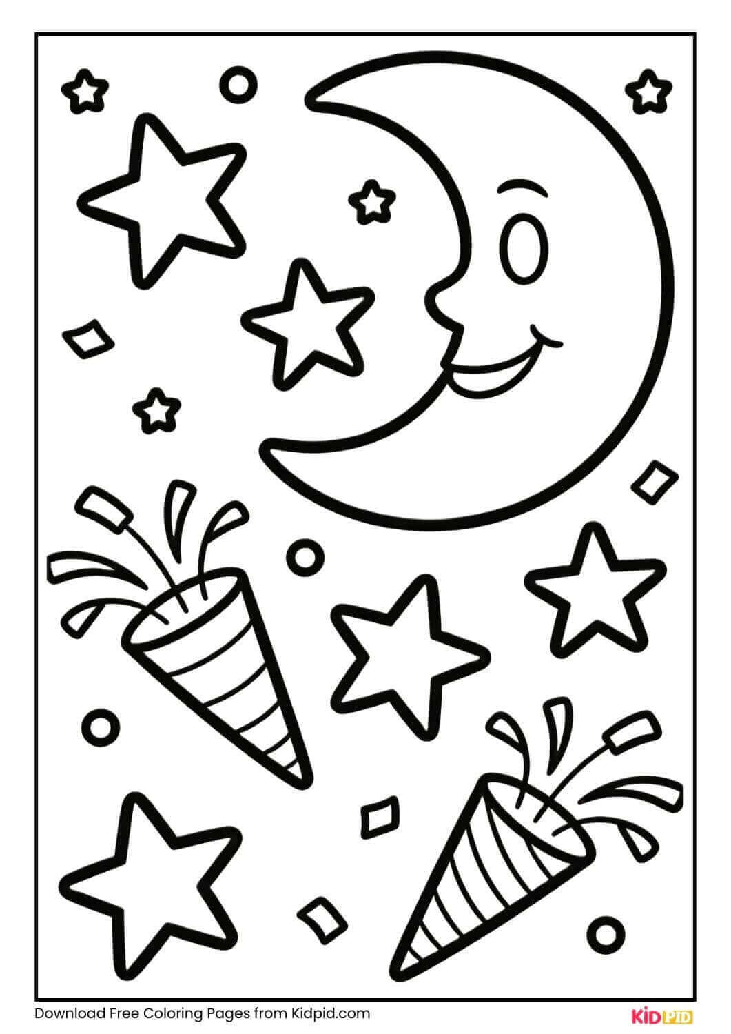 Moon and stars New Year coloring page