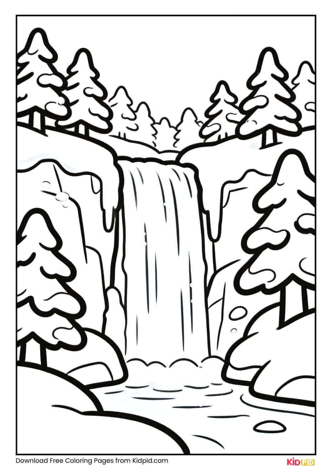 Frozen waterfall with snowy trees coloring page