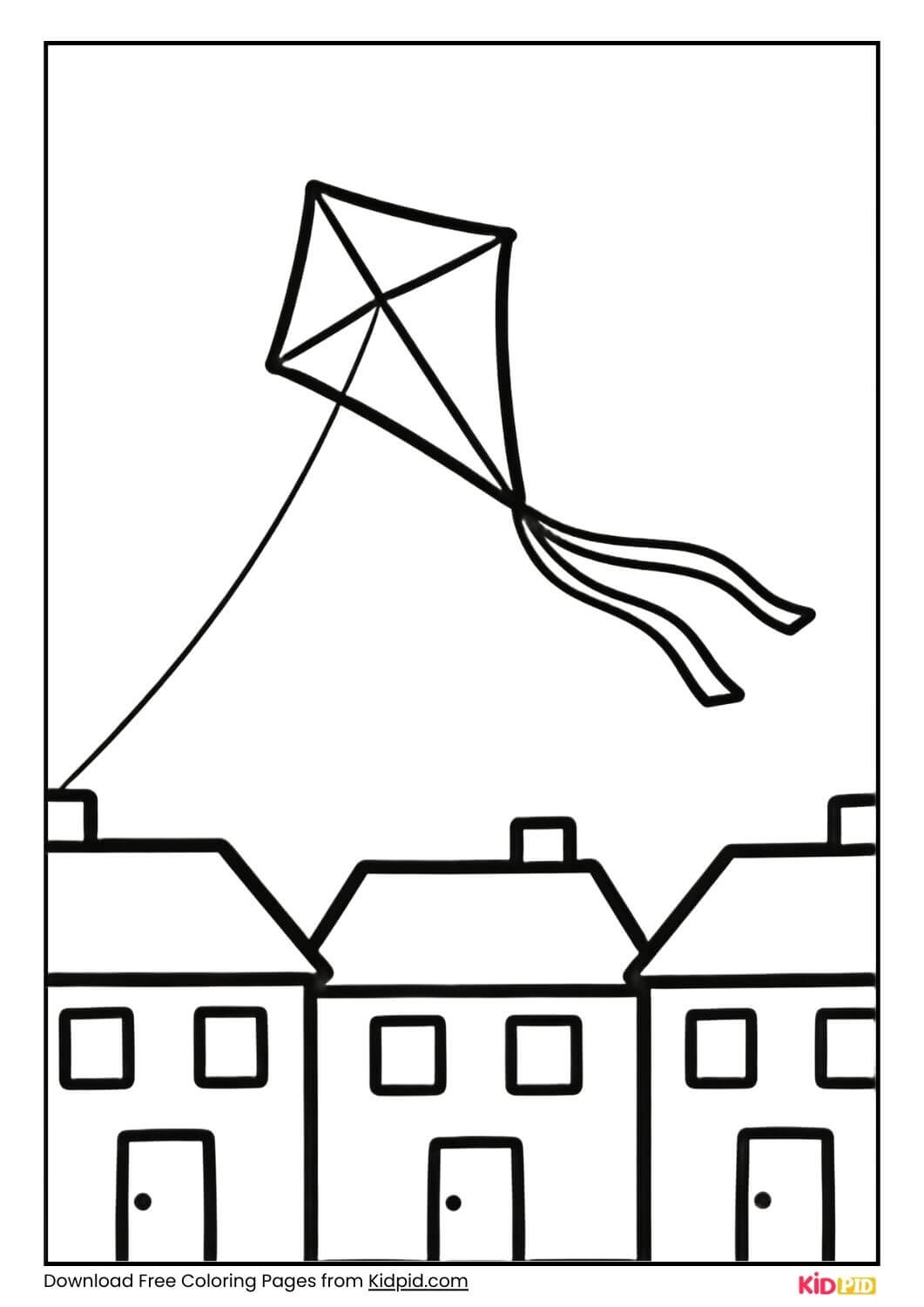 Kite flying above houses coloring page