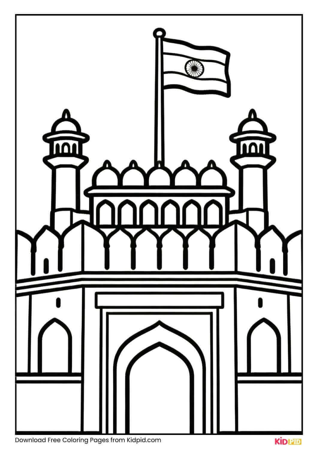Red Fort with Indian flag coloring page for Grade 1