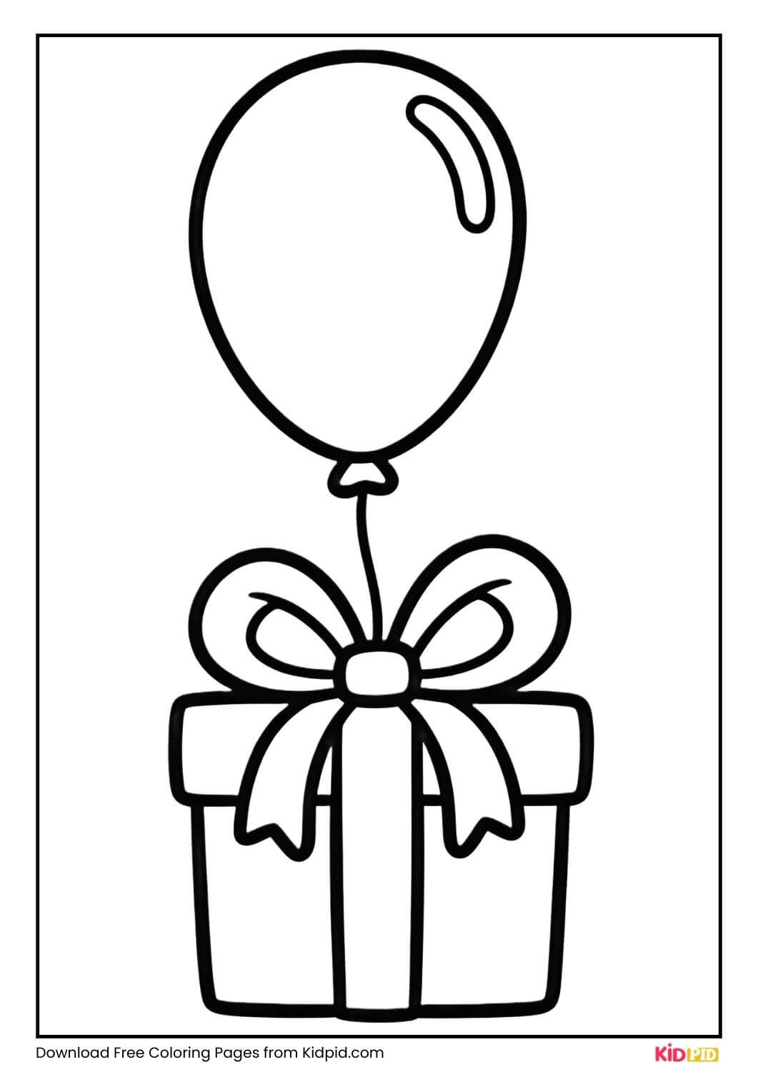 Balloon tied to gift black and white coloring page