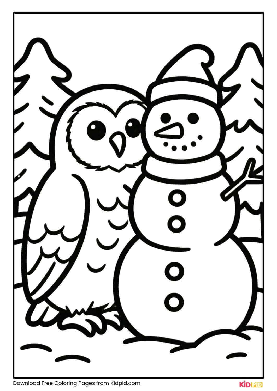 Snowy owl with snowman winter coloring page