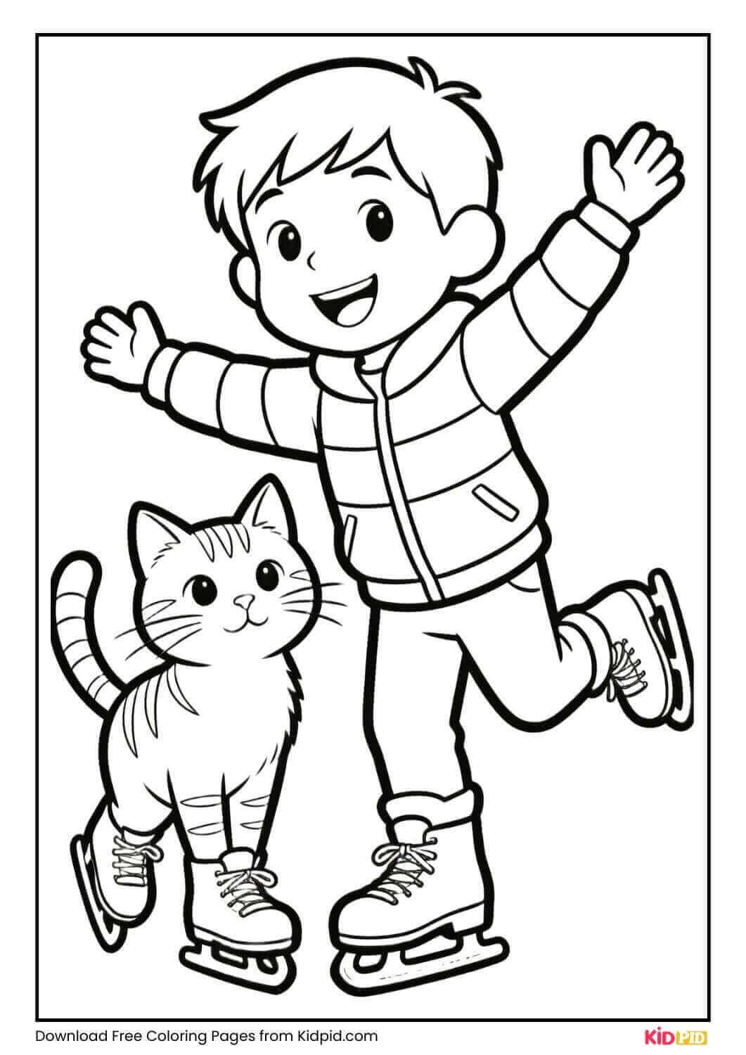 Boy and pet cat ice skating together