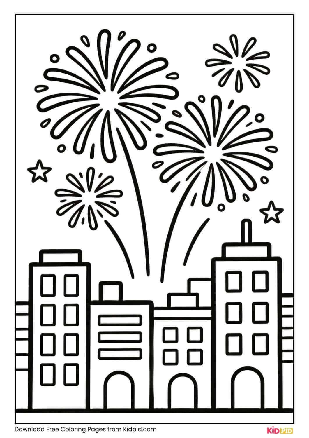 City skyline fireworks New Year coloring page