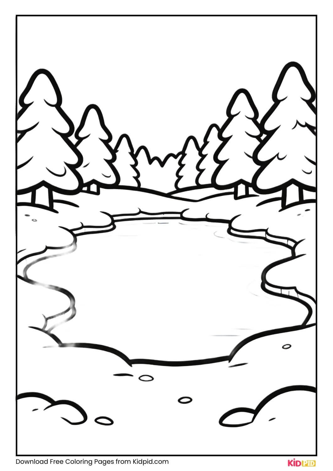 Frozen lake surrounded by snow coloring page