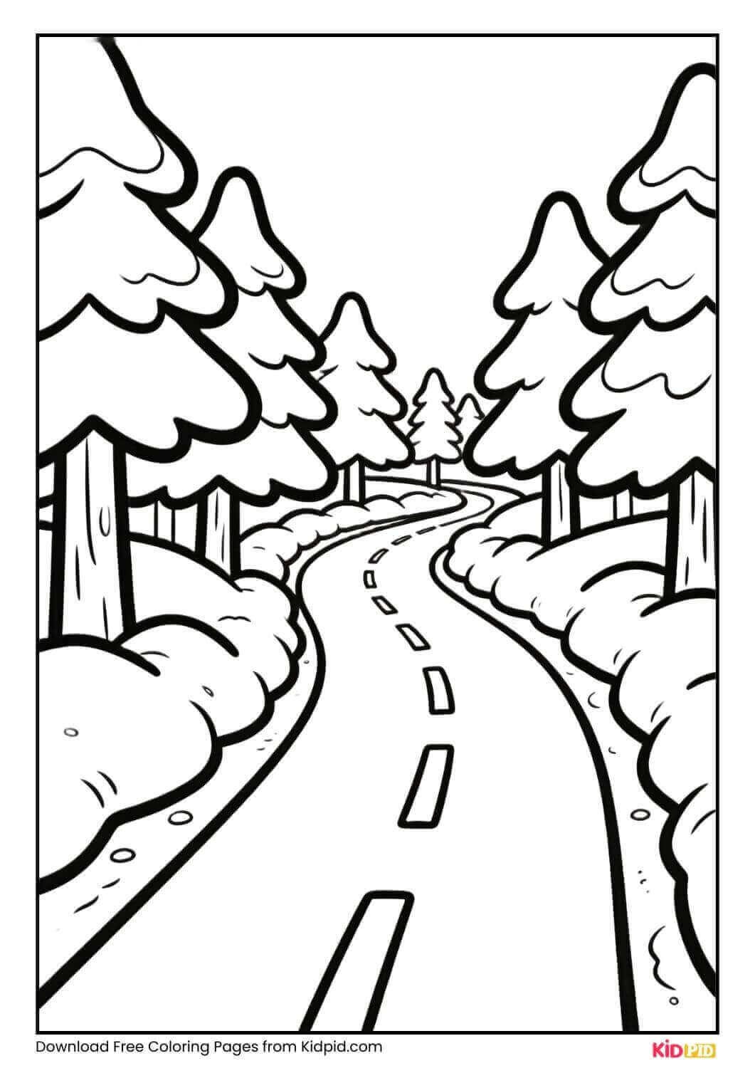 Winter road with snowbanks coloring page