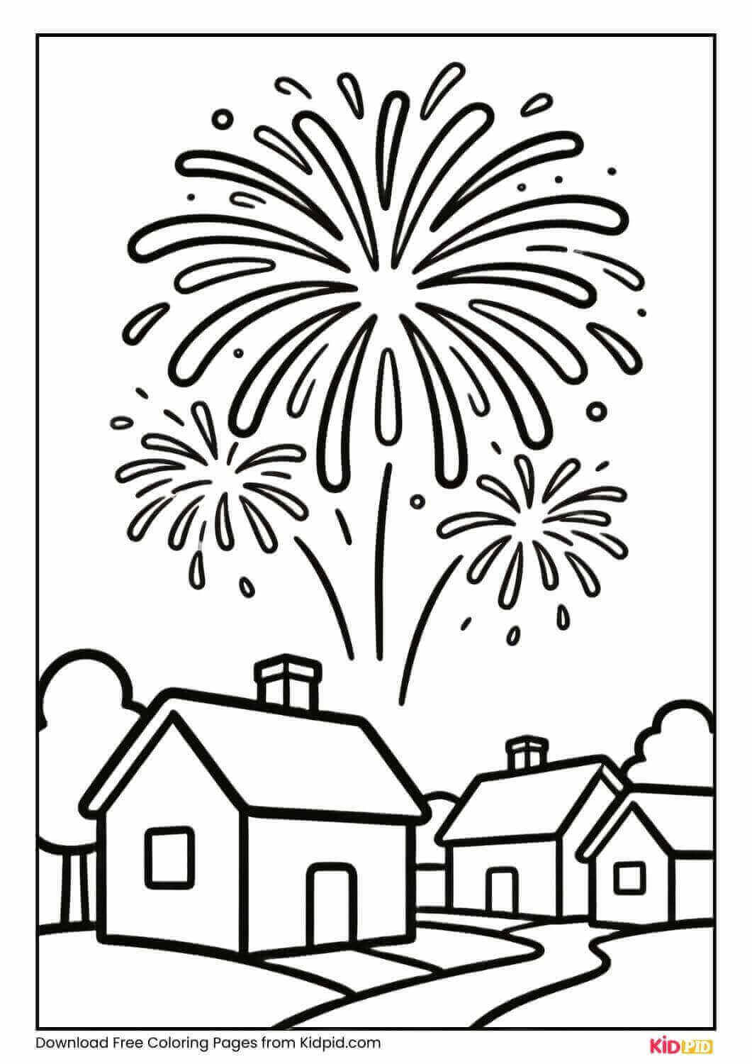 Fireworks over park with trees coloring page