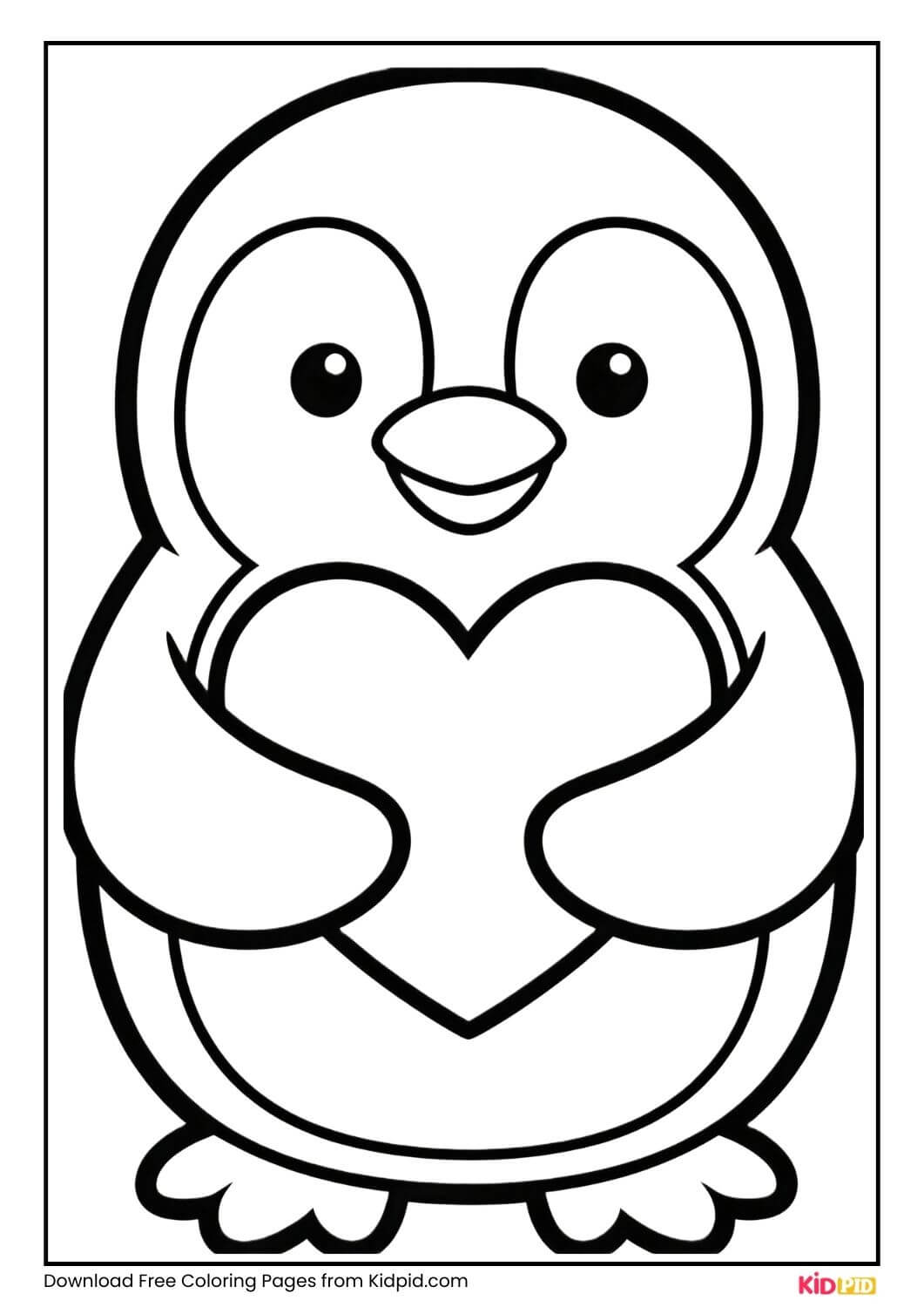 Penguin holding a heart, black and white coloring page