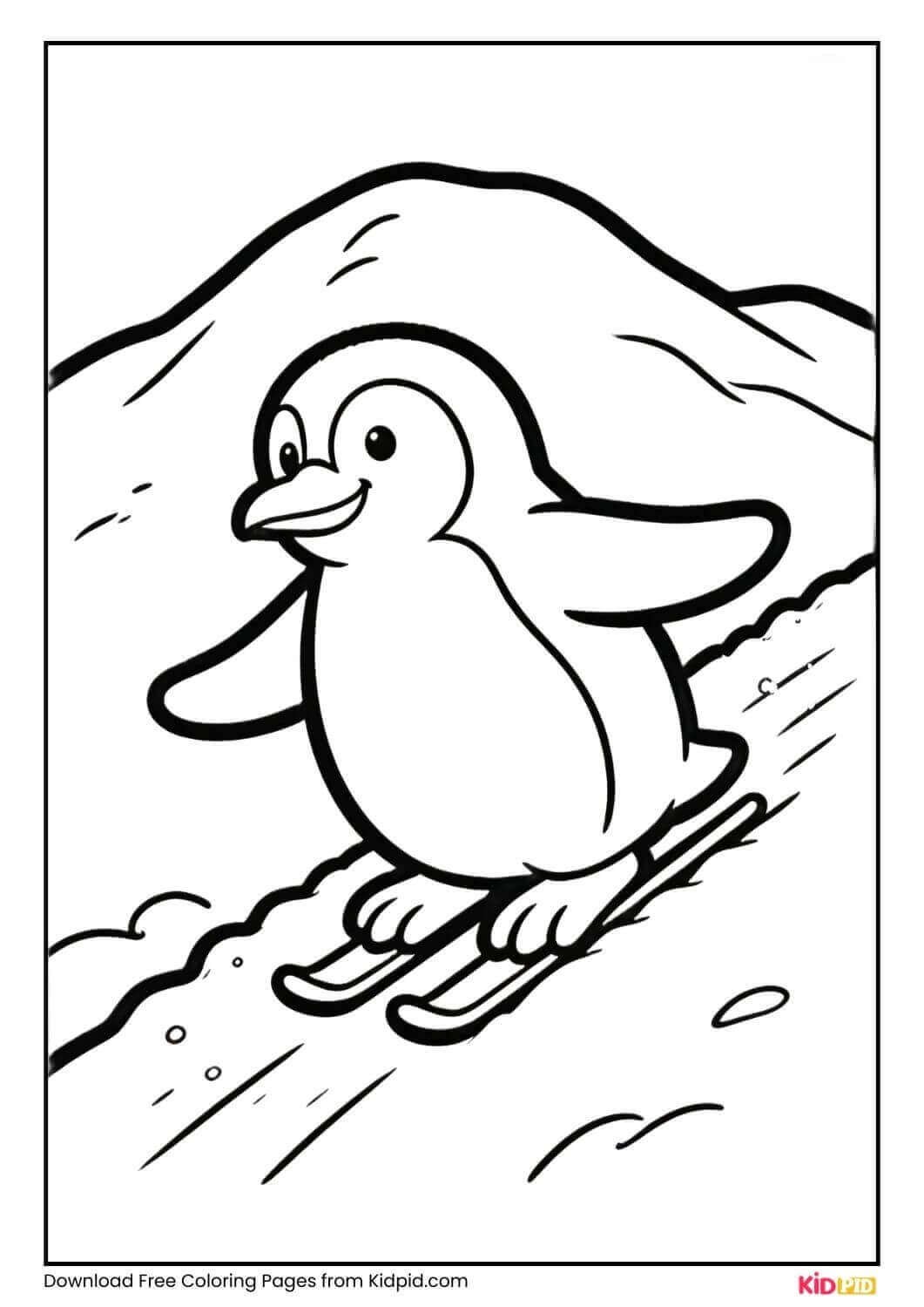 Penguin sliding down snowy hill coloring page