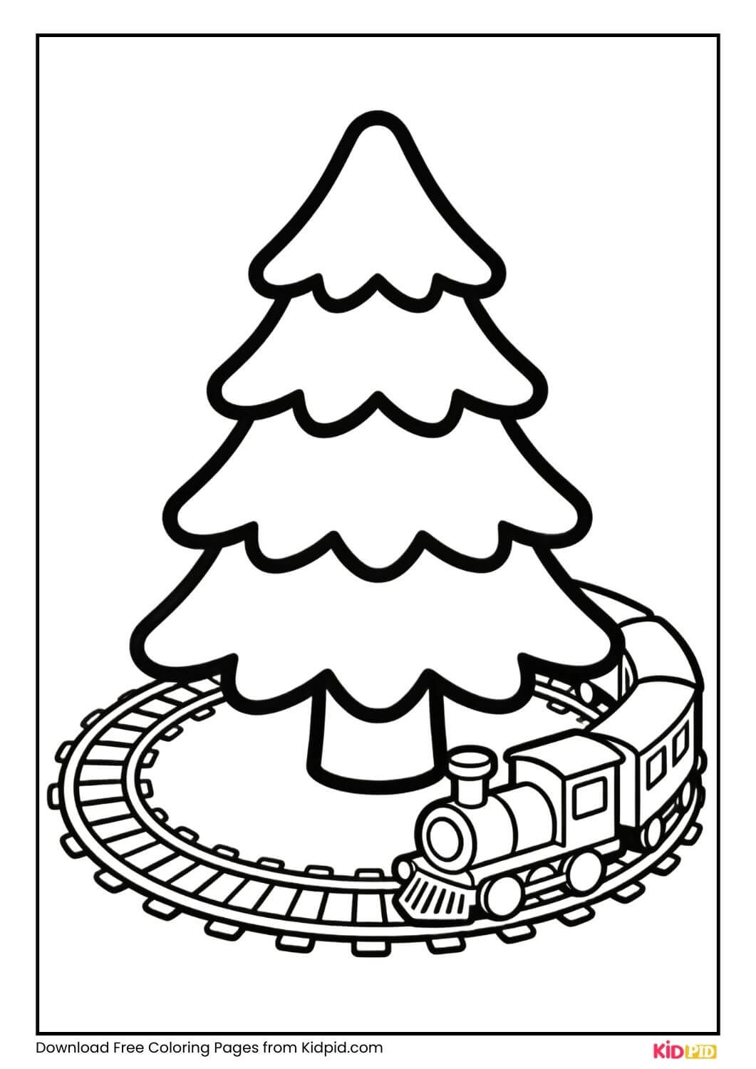 Christmas tree coloring page with toy train for Grade 2