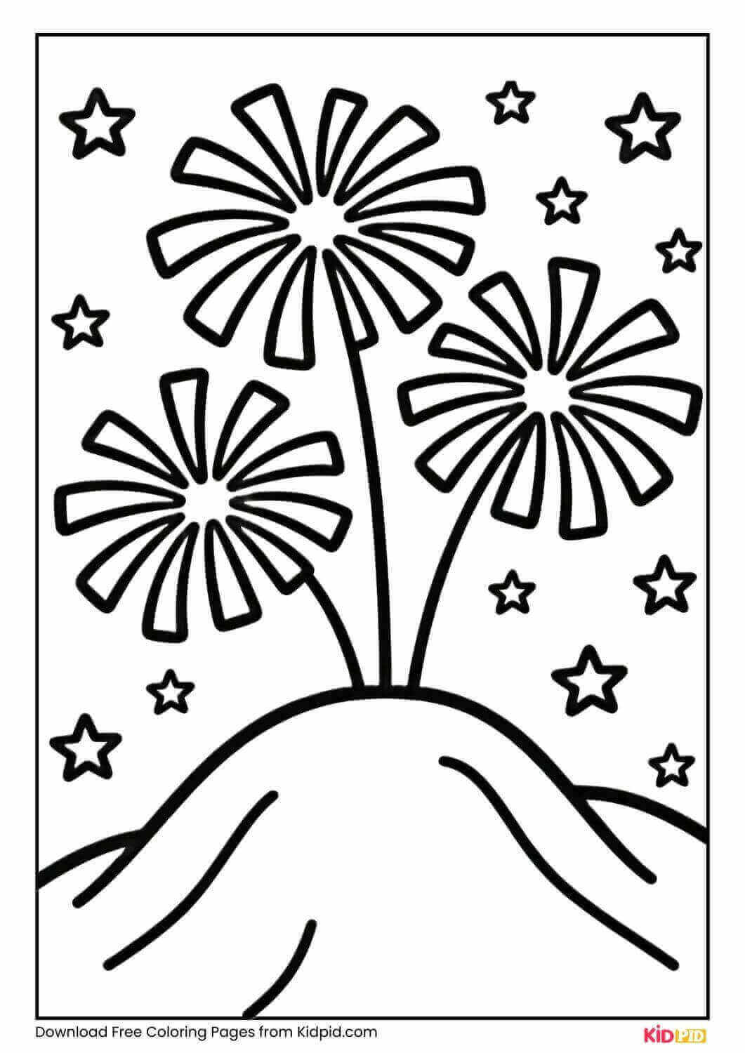 Fireworks over hill black and white coloring page for kids