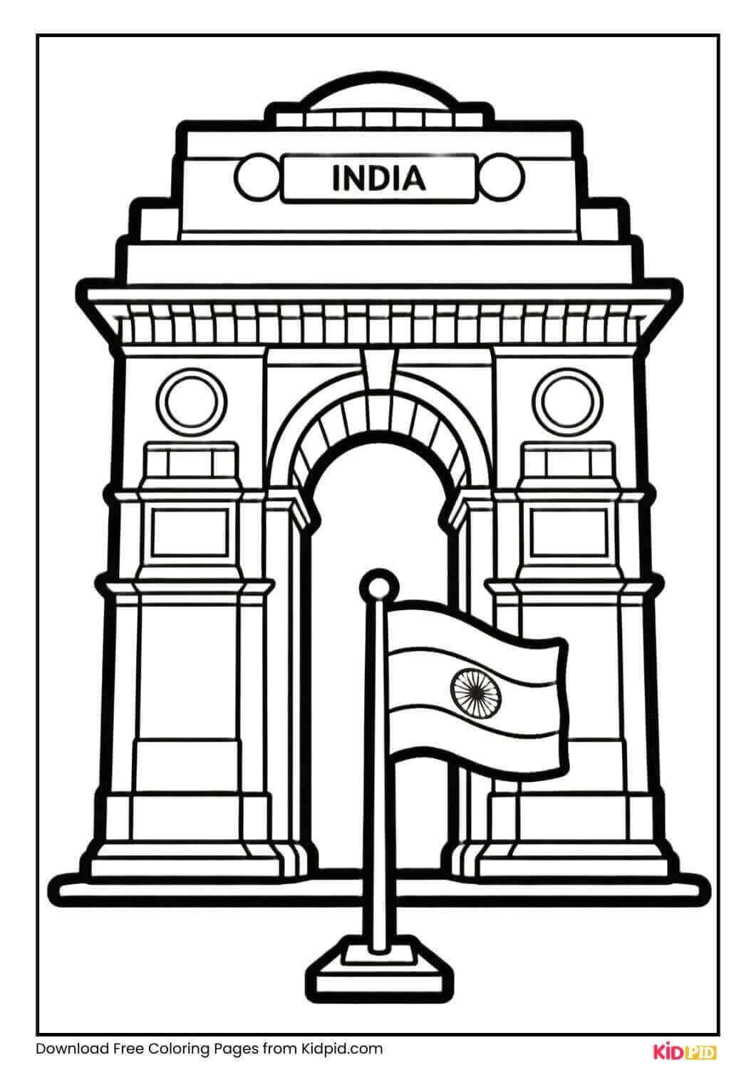 India Gate with Indian flag coloring page for Grade 2