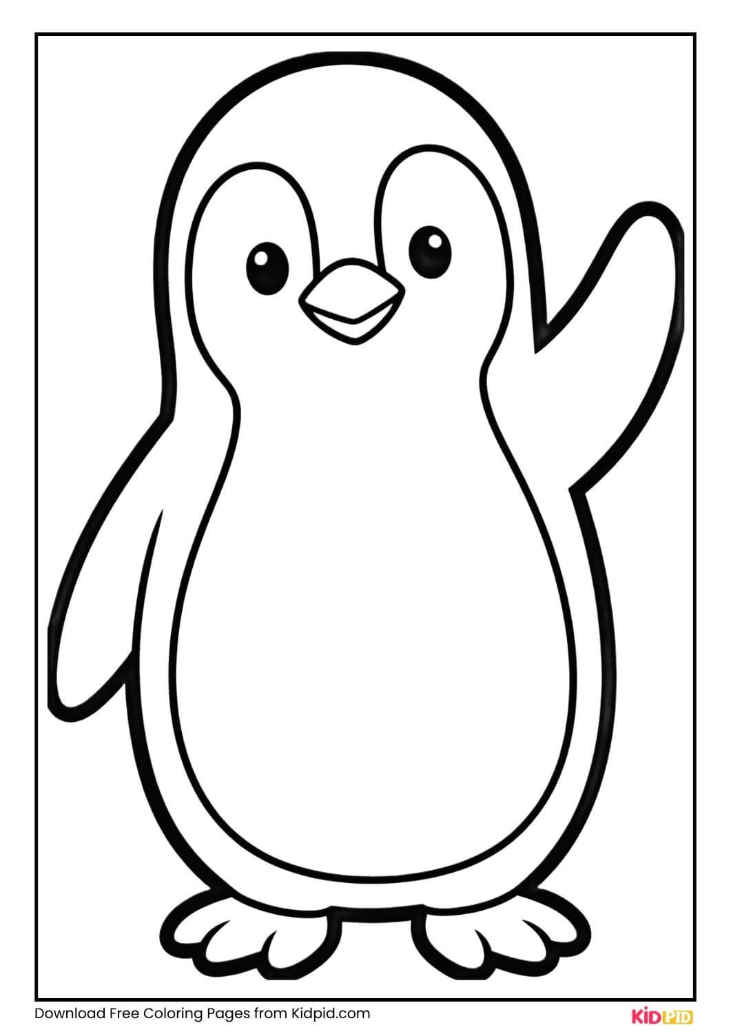 Penguin waving one flipper, black and white coloring page for kids