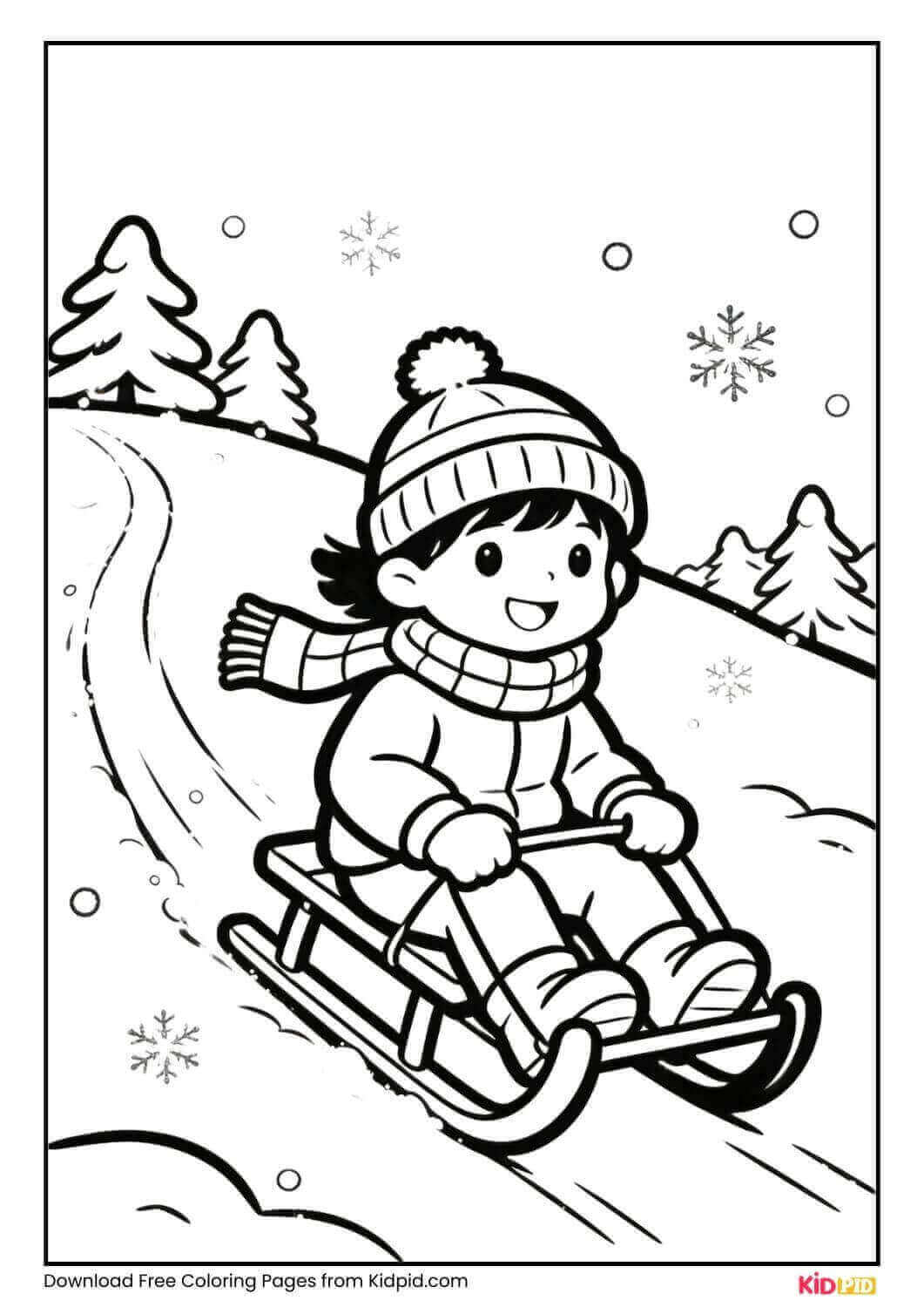 Child sledding on snow winter coloring page
