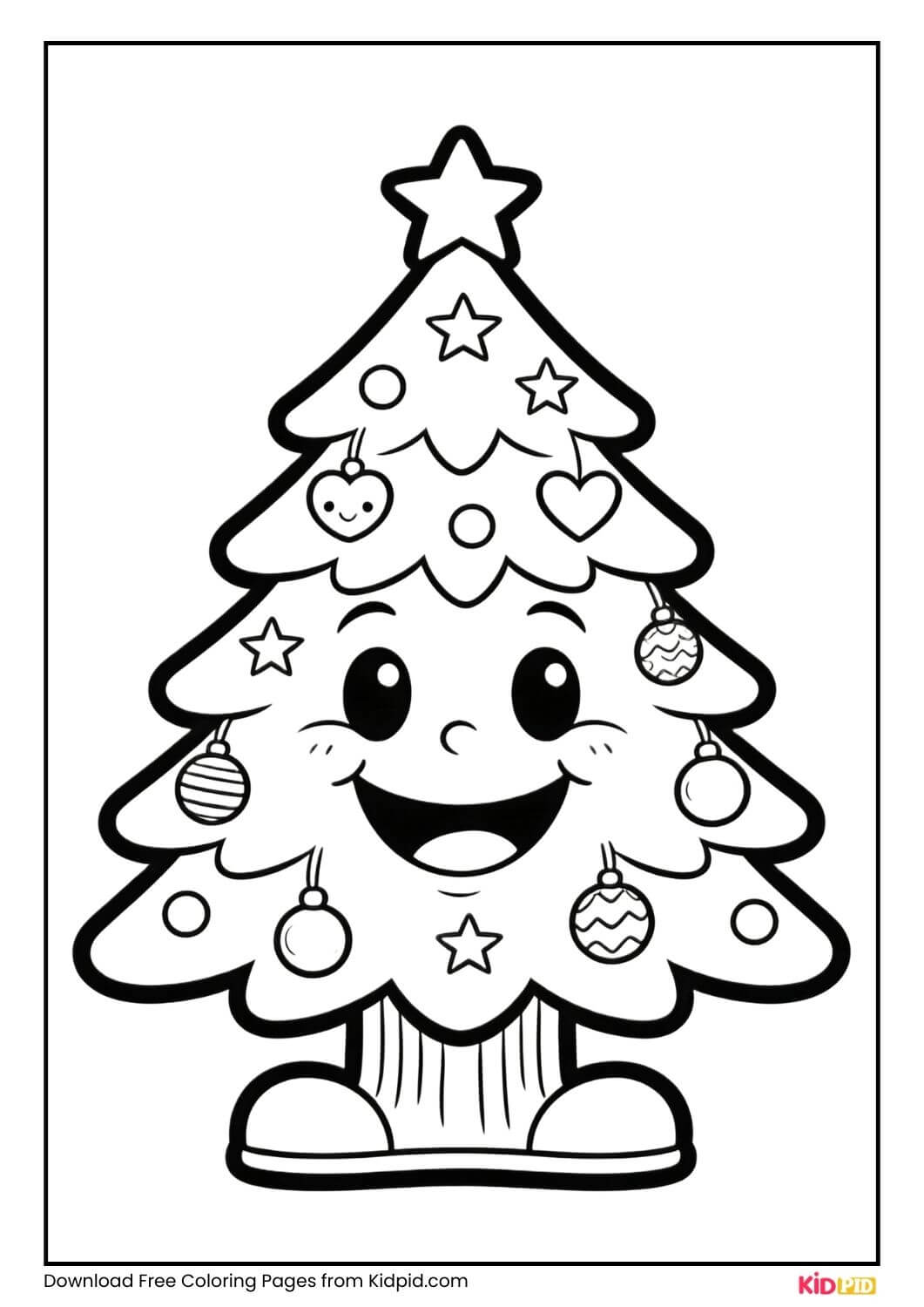 Smiling Christmas tree cartoon coloring page for Grade 1