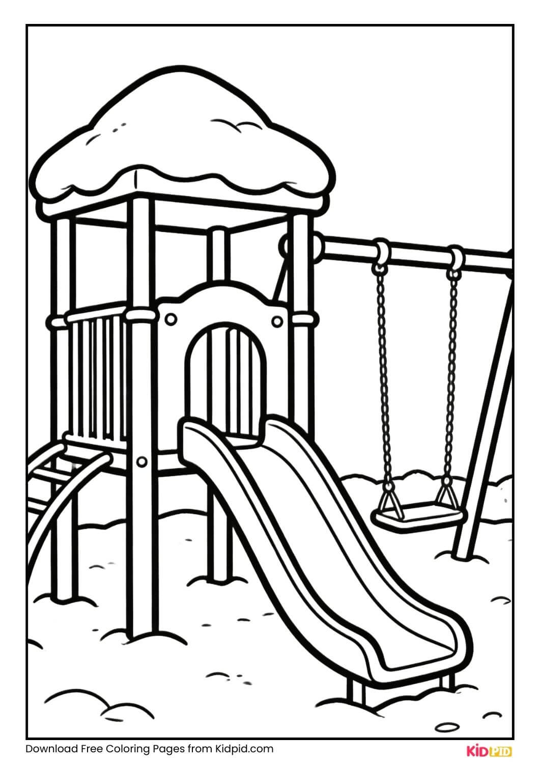 Snow covered playground winter coloring page