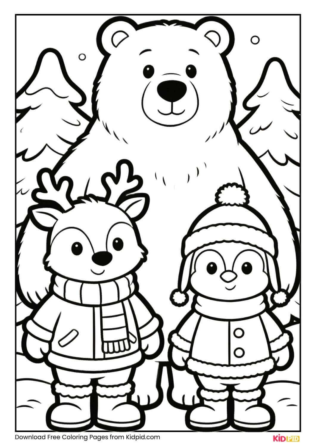 Penguin polar bear reindeer winter coloring page