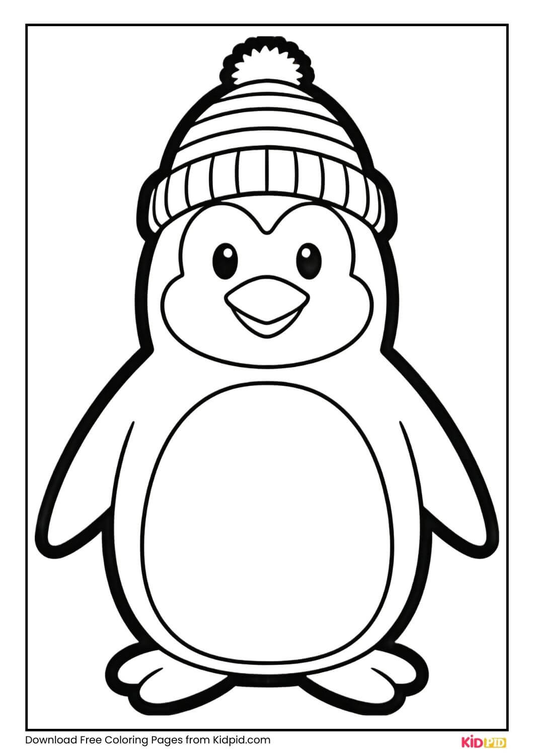 Penguin wearing a winter hat, black and white coloring page