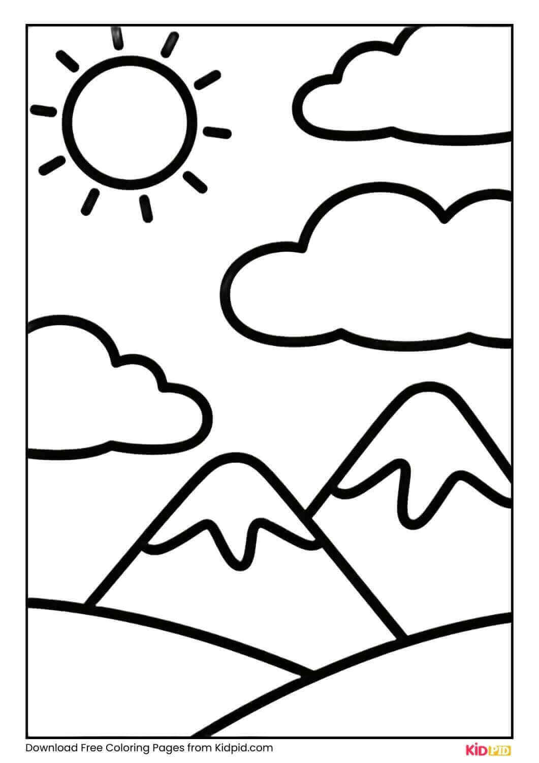 Snow-covered mountains winter landscape coloring page