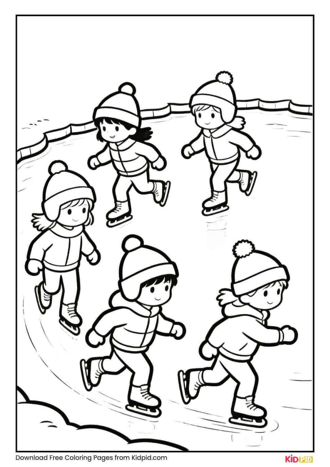 Kids ice skating winter activity coloring page