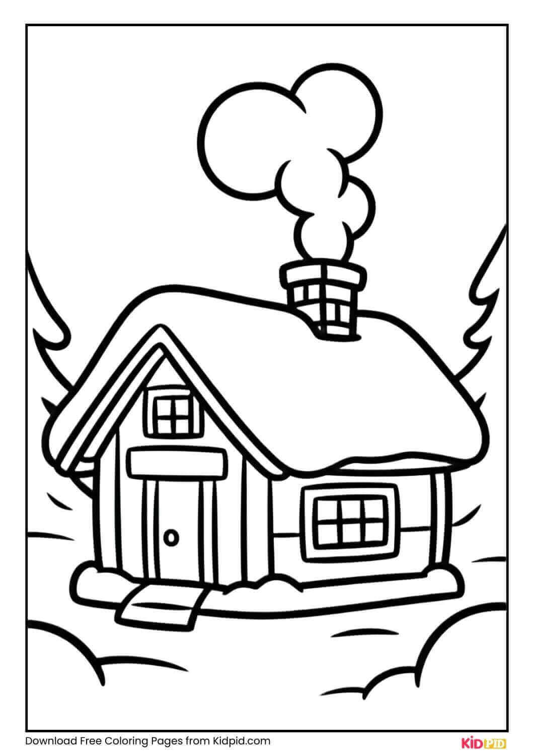 Winter cabin with chimney and snow coloring page
