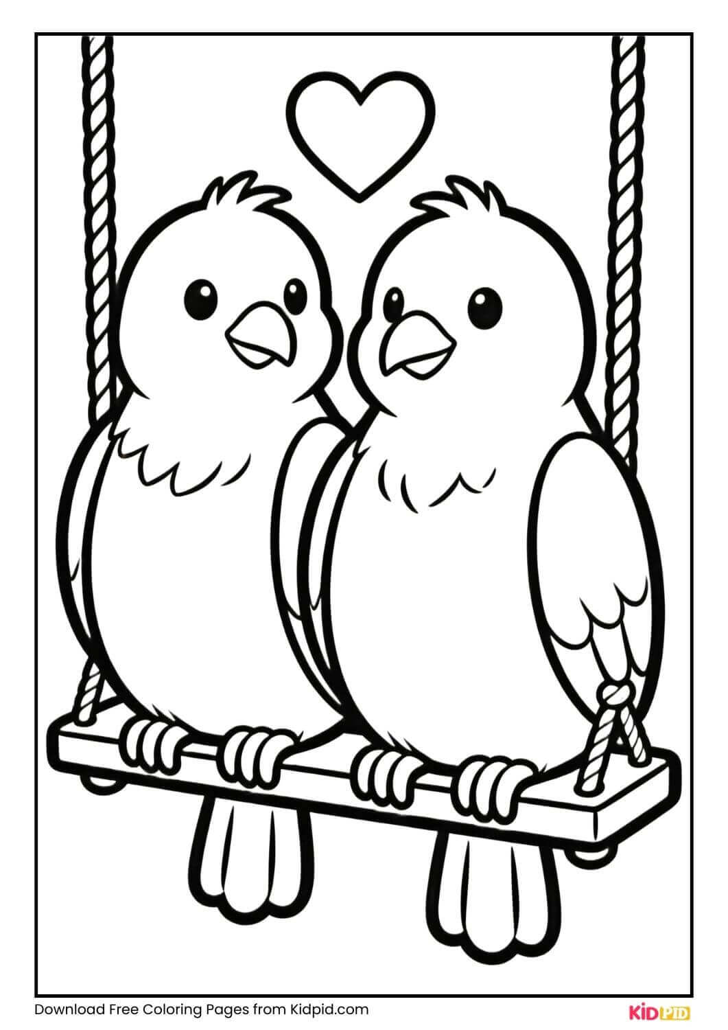 Love birds sitting on a swing black and white coloring page for Kindergarten