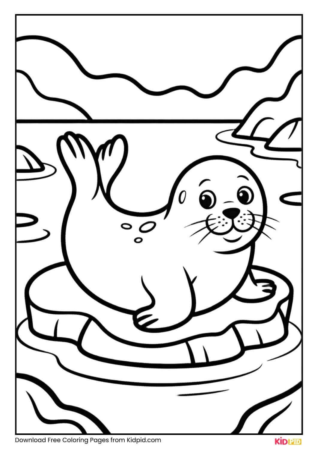 Cute seal on ice floe winter coloring page