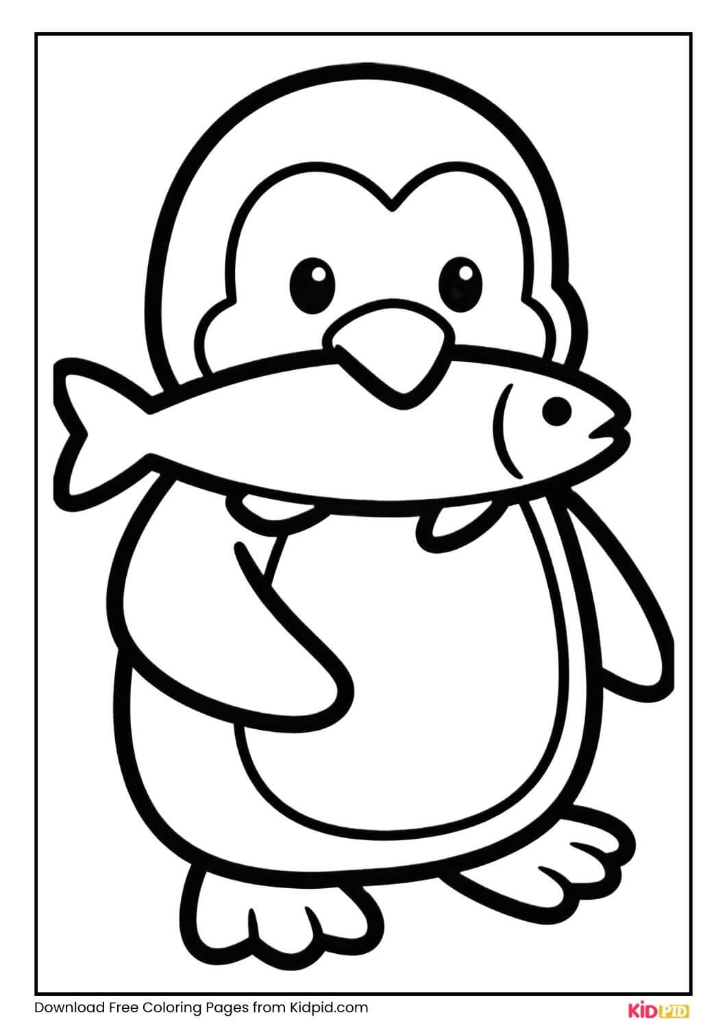 Penguin holding a fish, black and white coloring page for kids