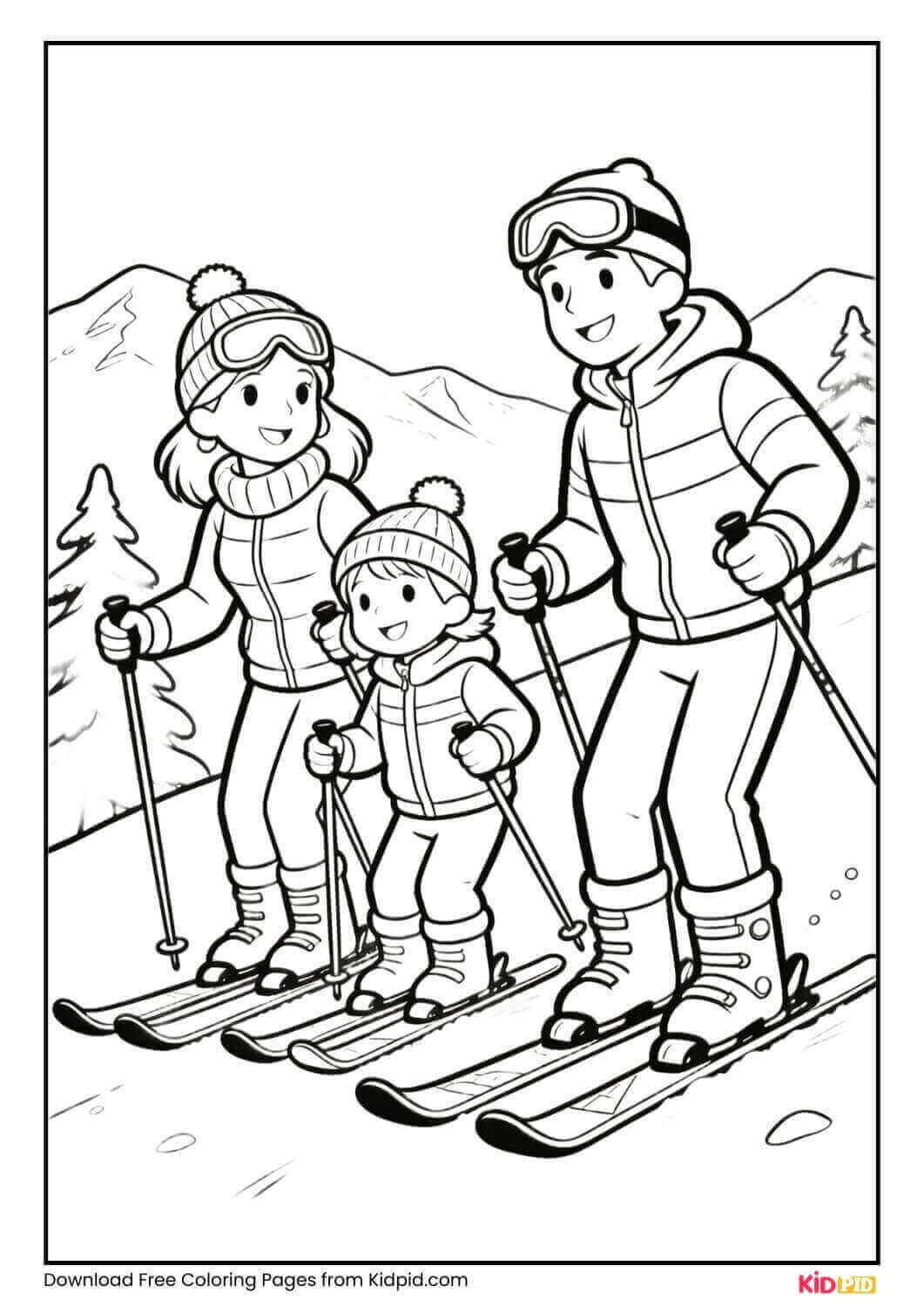Family skiing winter activity coloring page