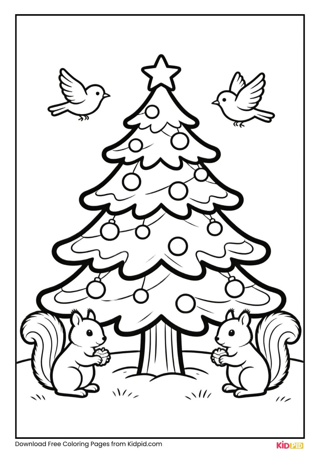 Christmas tree coloring page with small animals