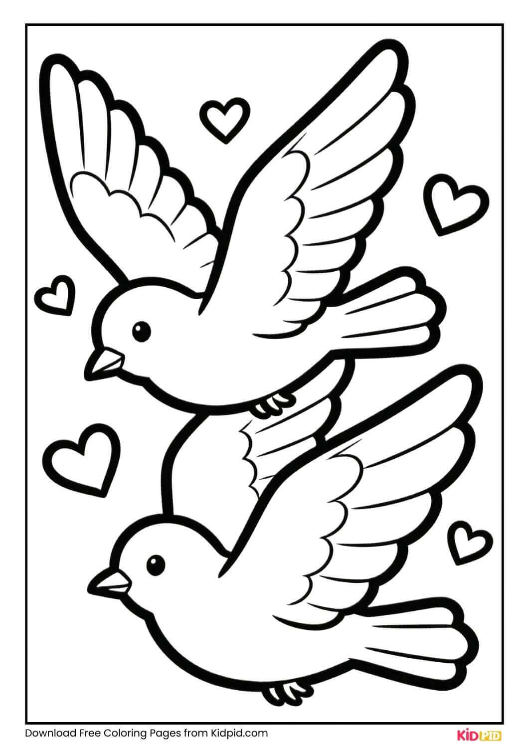 Love birds flying with hearts black and white coloring page for Grade 2