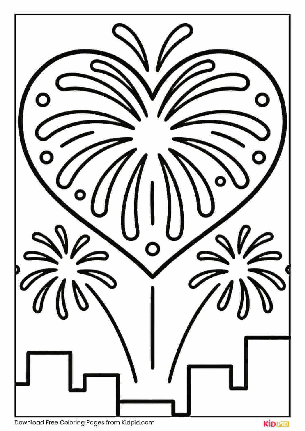 Heart-shaped fireworks coloring page for kids
