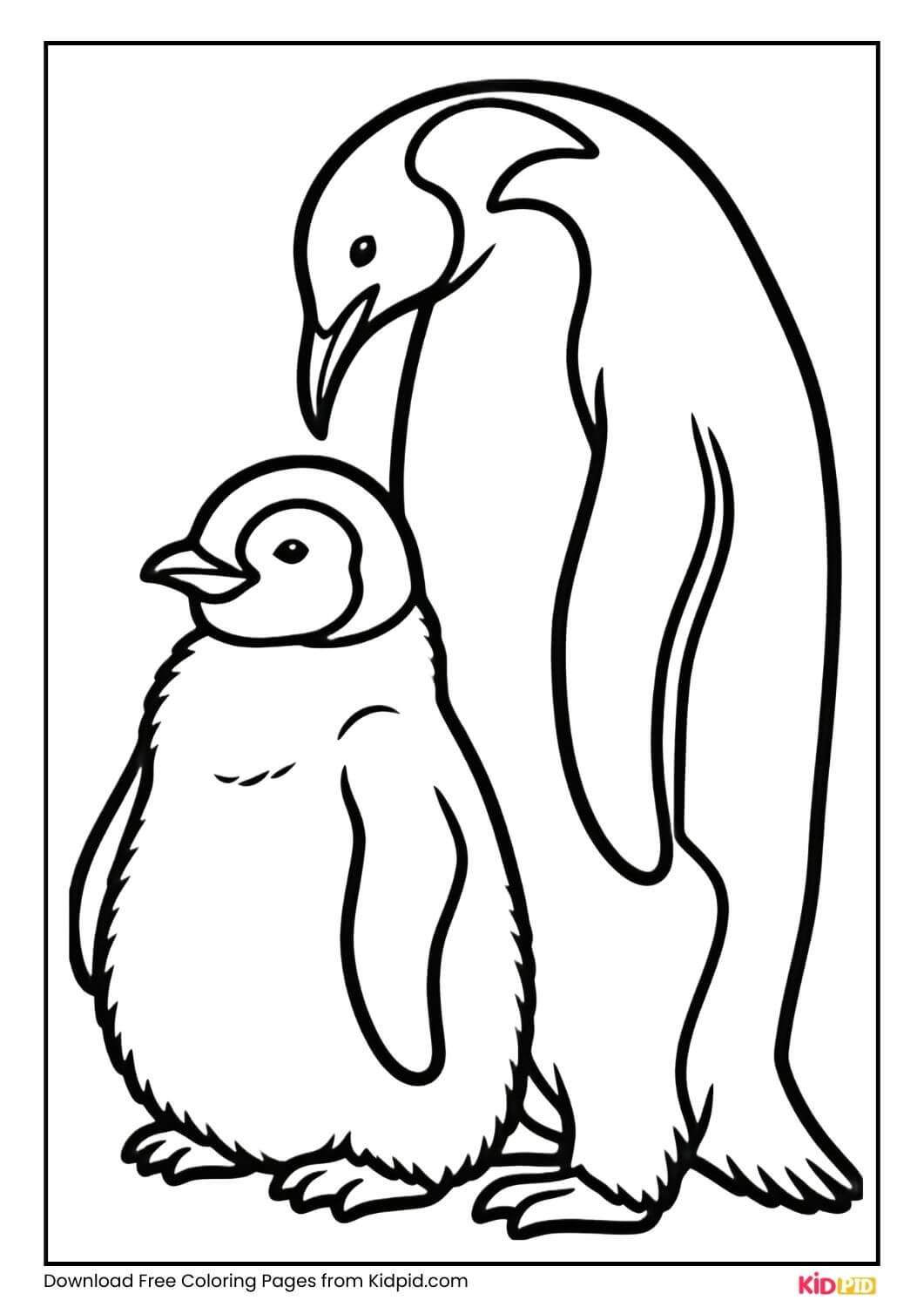 Penguin family with parent and baby, black and white coloring page