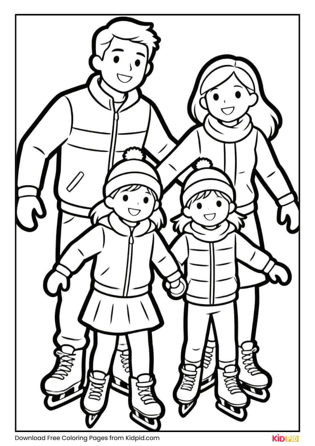 Family of four ice skating together