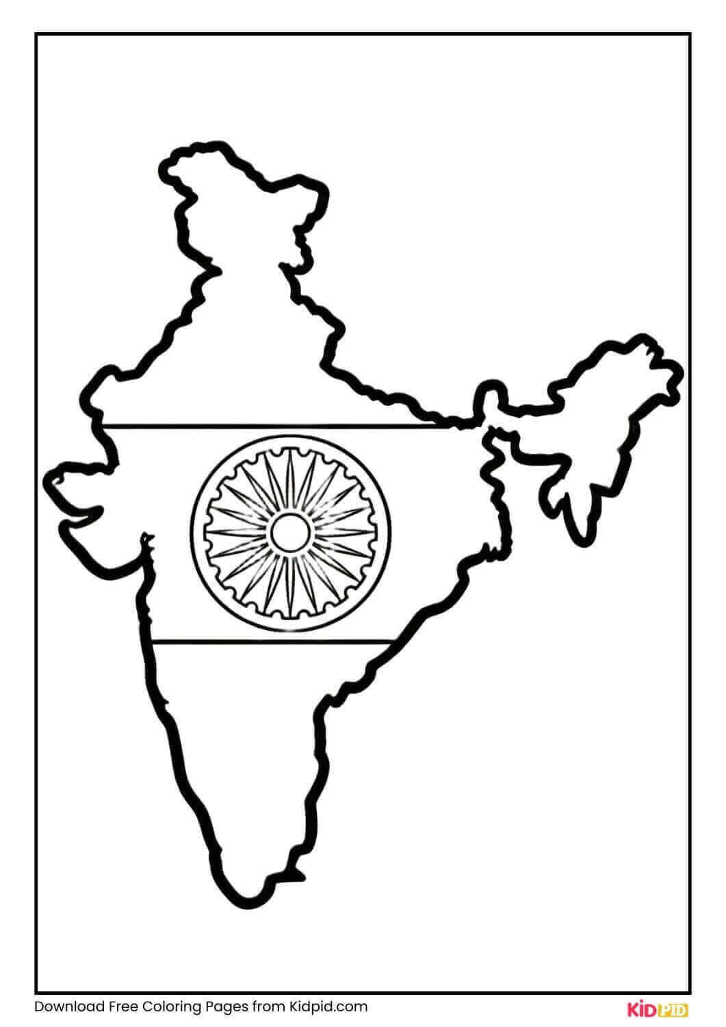 Map of India with Ashoka Chakra coloring page for Preschoolers