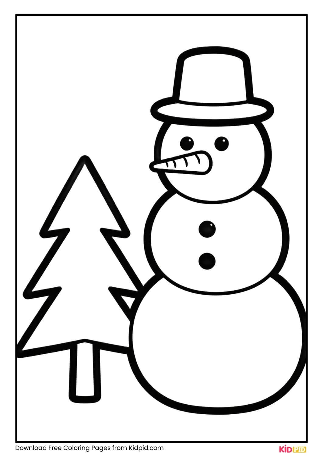 snowman next to a pine tree coloring page