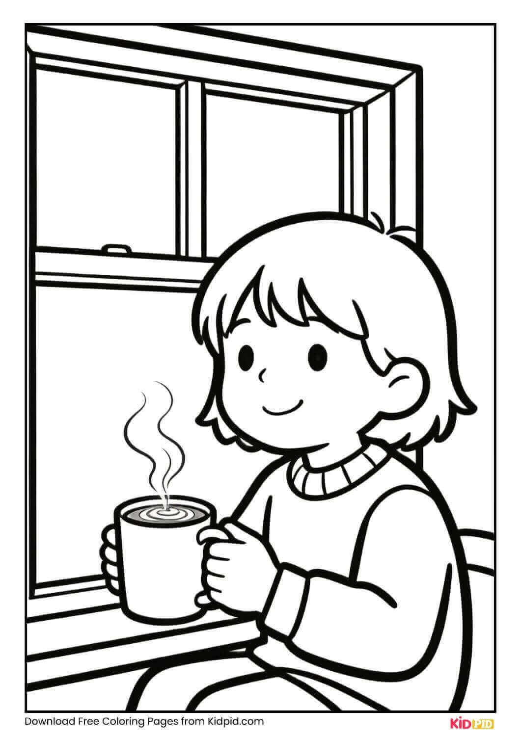 Child drinking hot chocolate winter coloring page