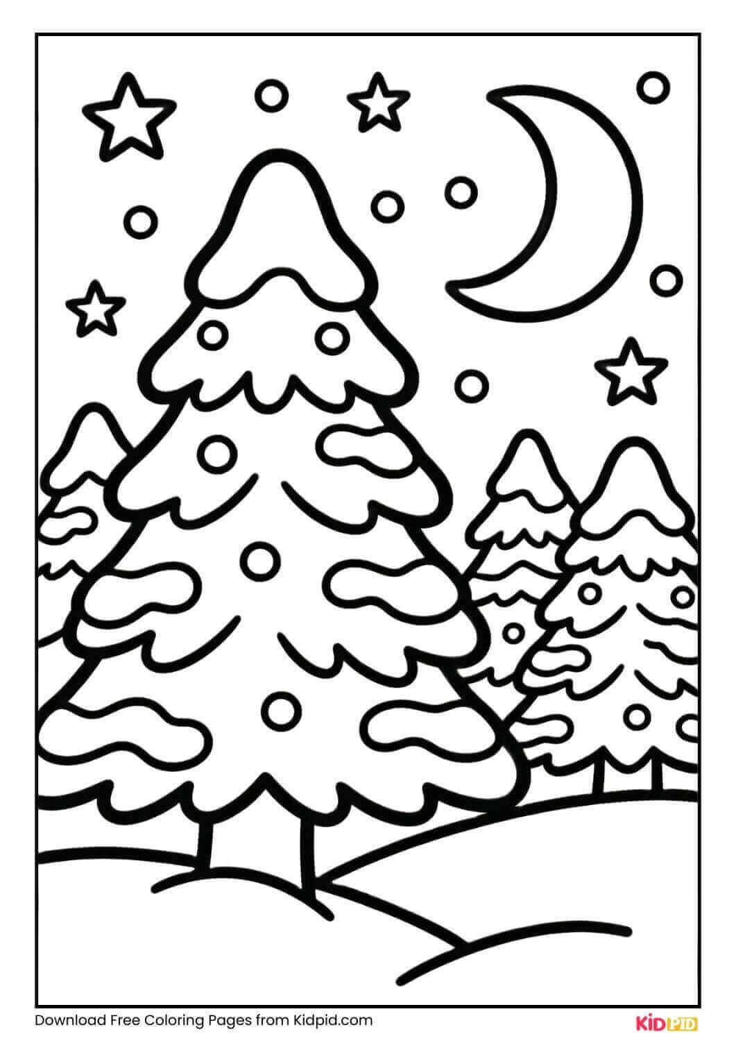 Winter night with moon and snowy trees coloring page