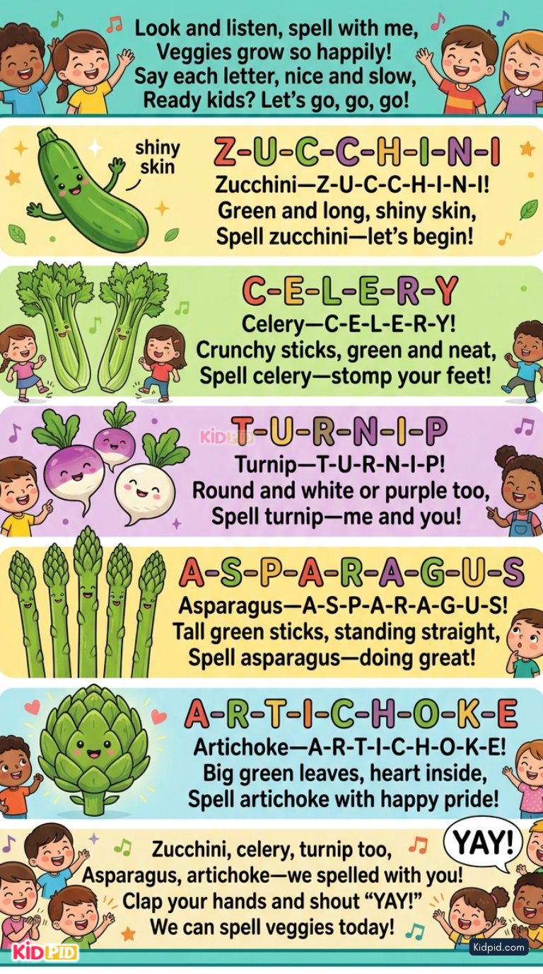 Colorful educational vegetable spelling rhyme chart for kids featuring zucchini, celery, turnip, asparagus, and artichoke with cute cartoon vegetables and phonics learning activities.