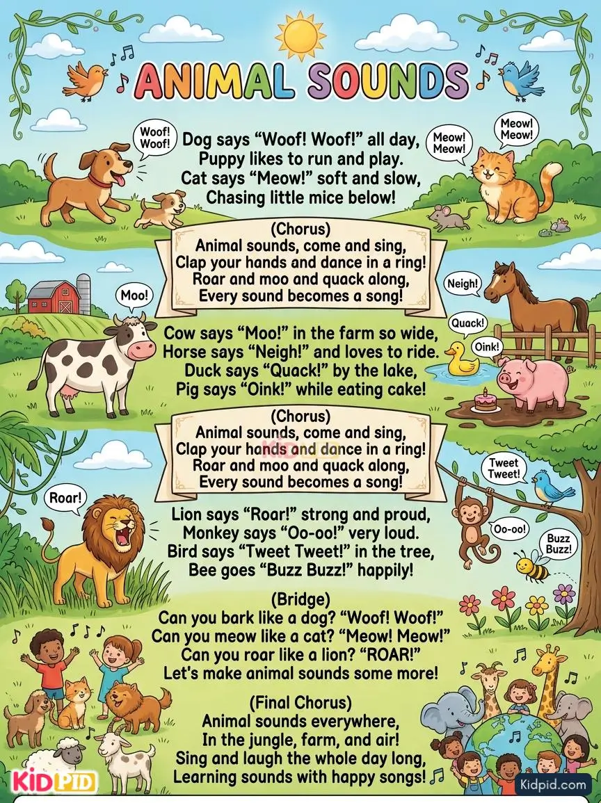Colorful Animal Sounds rhyme poster for kids featuring a dog, cat, cow, horse, duck, pig, lion, monkey, bird, and bee with their sounds in a fun educational cartoon scene.