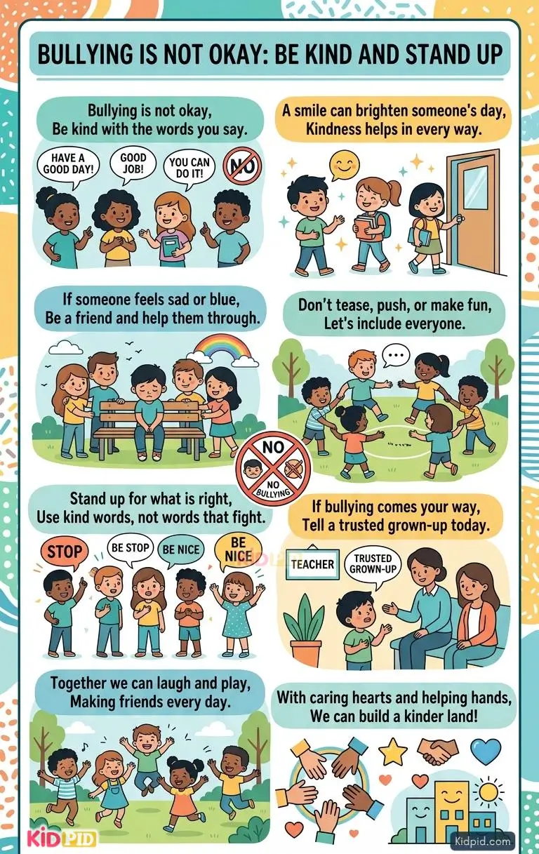 Colorful anti-bullying educational poster for children featuring kindness, inclusion, friendship, standing up against bullying, and seeking help from trusted adults through simple rhymes and illustrations.