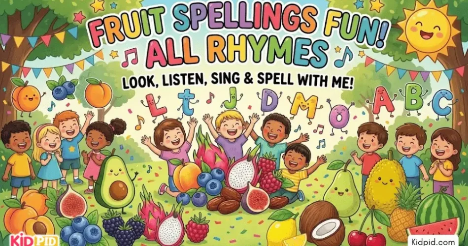 Educational Fruits Spelling Rhymes for Kindergarten Kids and Preschool Learning
