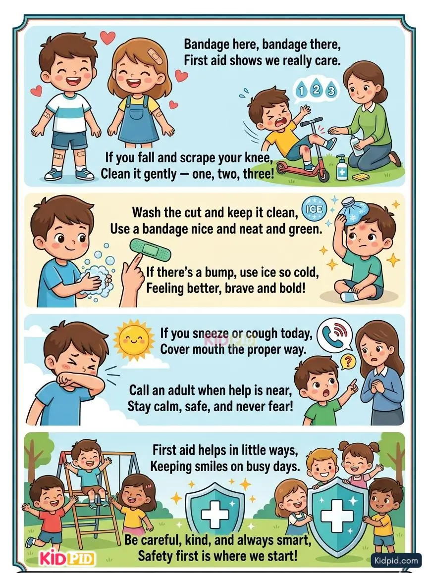 Illustrated first aid rhyme poster for kids showing bandages, cleaning wounds, using ice packs, covering coughs and sneezes, and asking adults for help.