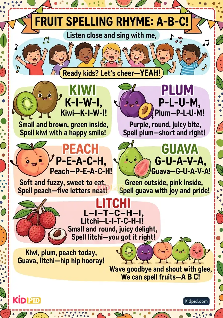 Fruit spelling rhyme poster for kids featuring kiwi, plum, peach, guava, and litchi with easy spelling and phonics practice.